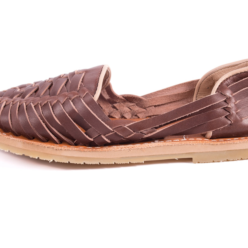 
                  
                    Handmade brown leather huarache sandals for women left side
                  
                